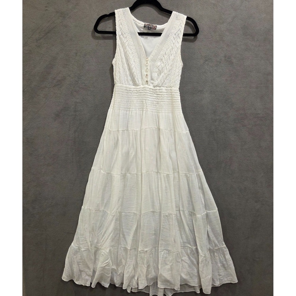 J Gee Tiered Maxi Dress Womens Size Small Boho Lace Smocked Sheer Lined Romantic